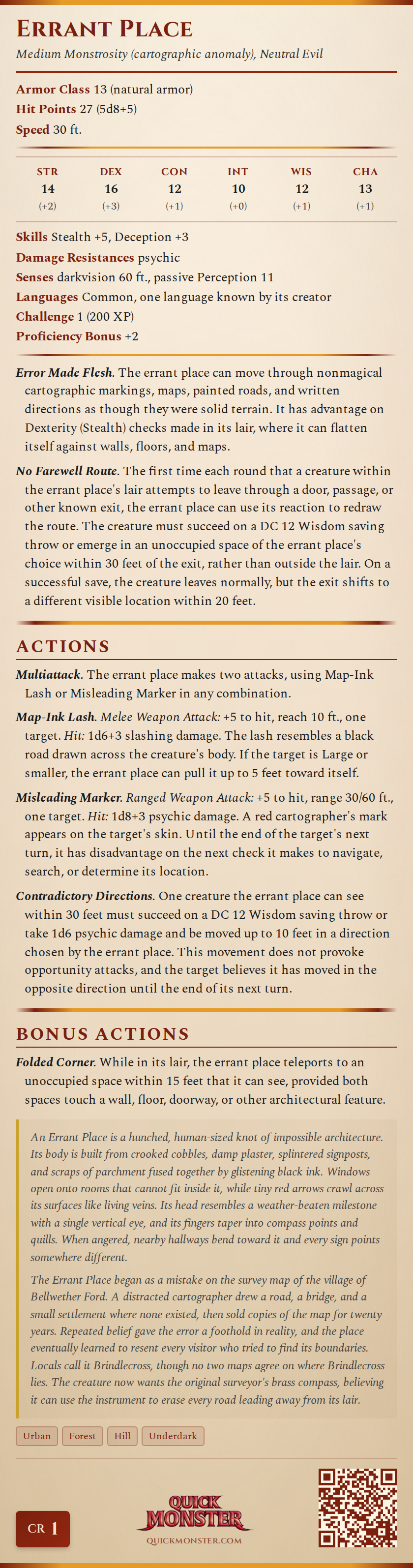 Errant Place Stat Block