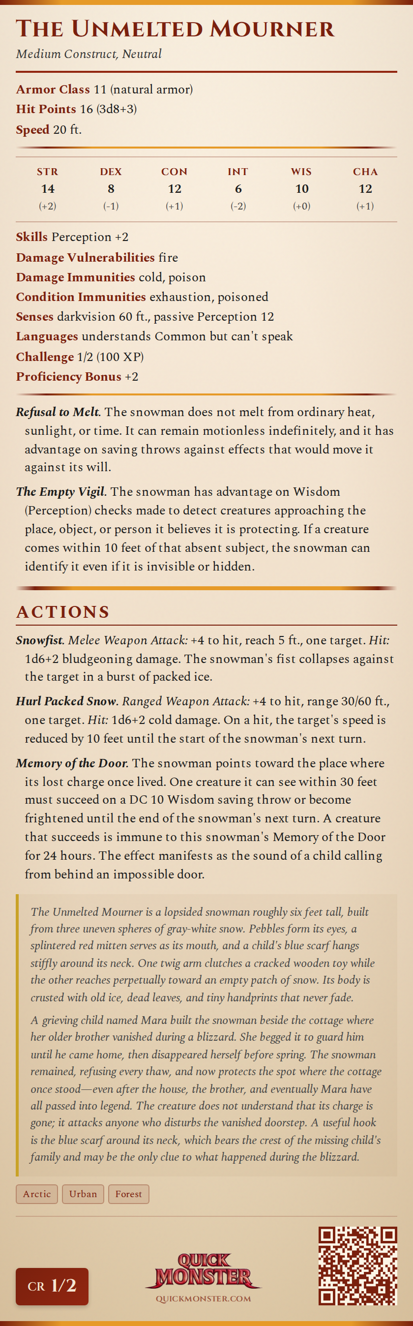 The Unmelted Mourner Stat Block