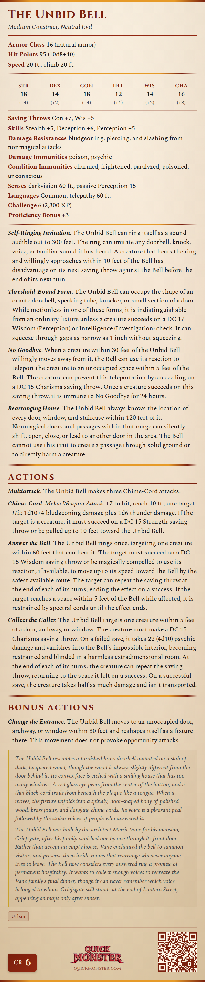 The Unbid Bell Stat Block