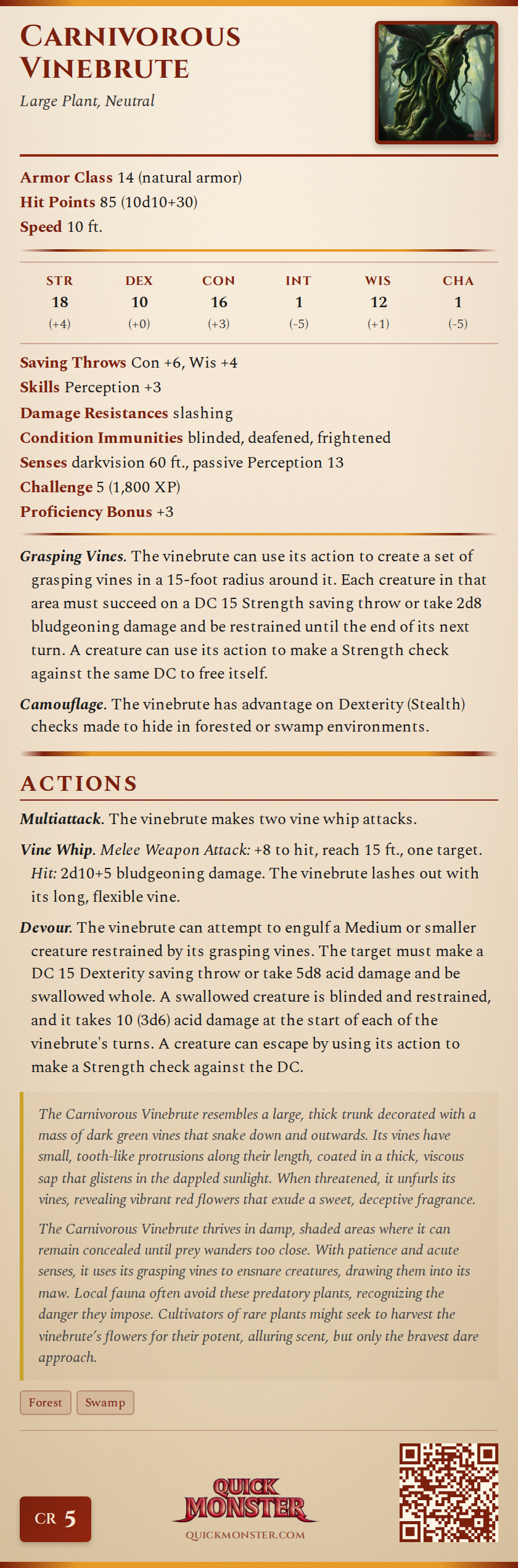 Carnivorous Vinebrute Stat Block