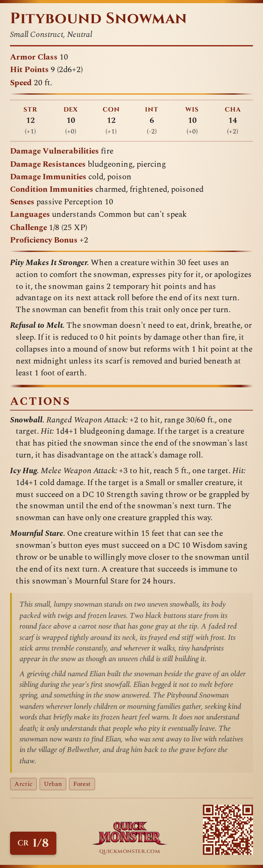 Pitybound Snowman Stat Block