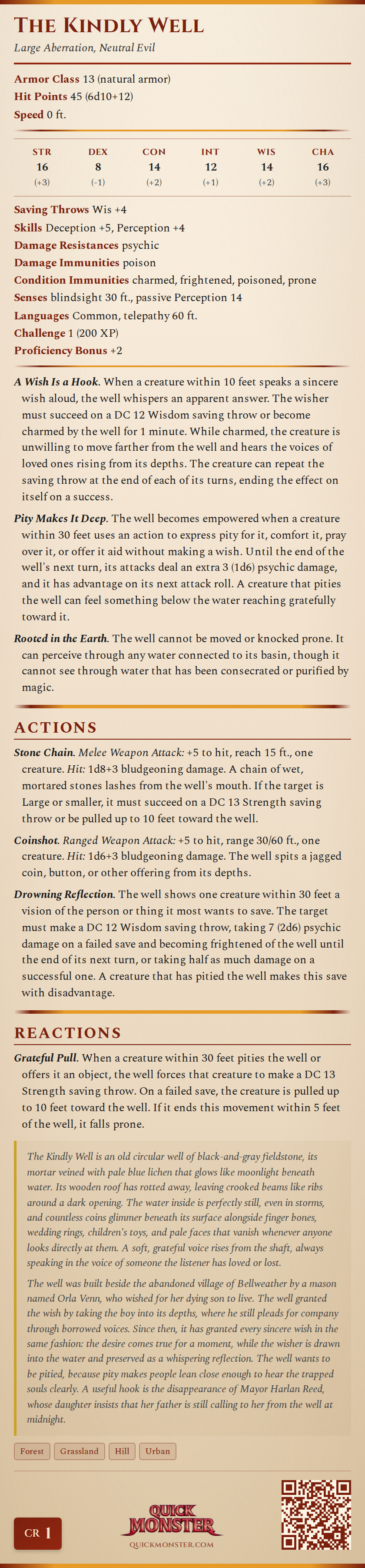 The Kindly Well Stat Block