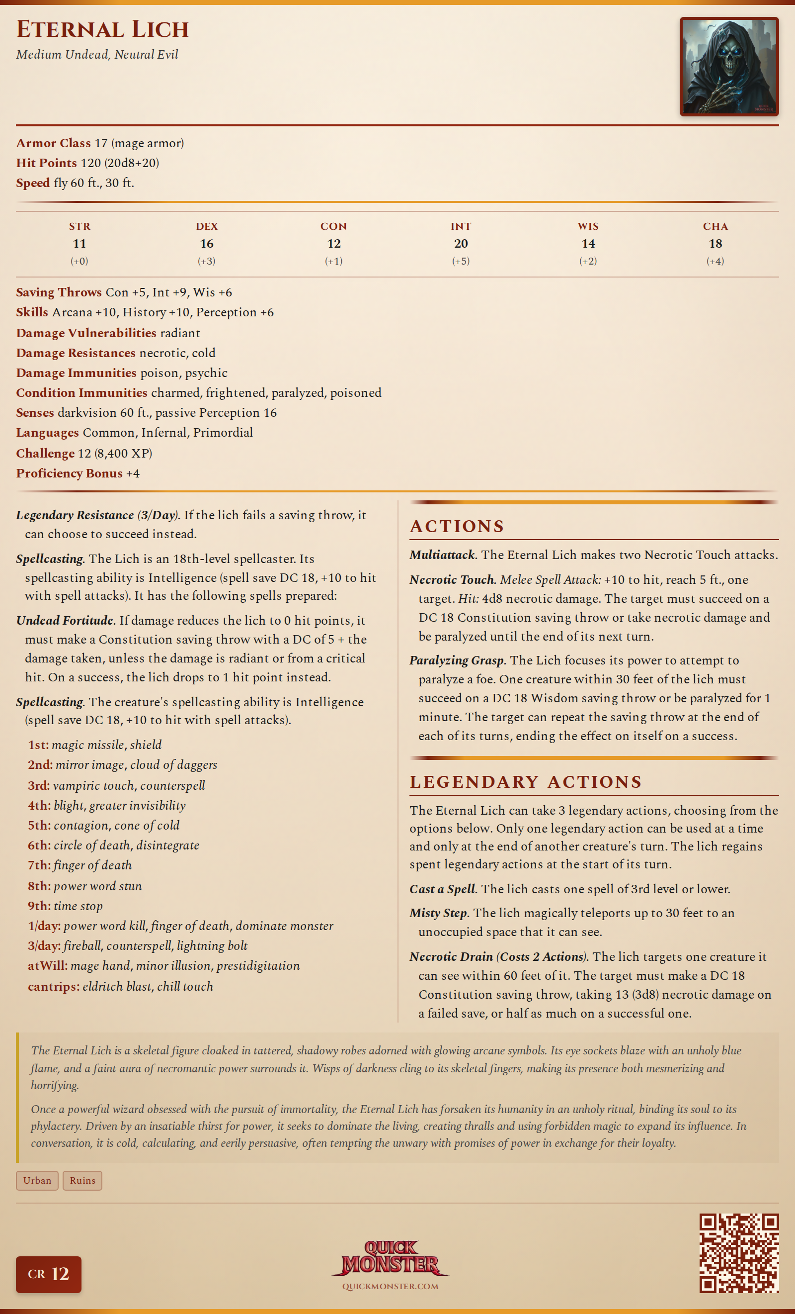 Eternal Lich Stat Block
