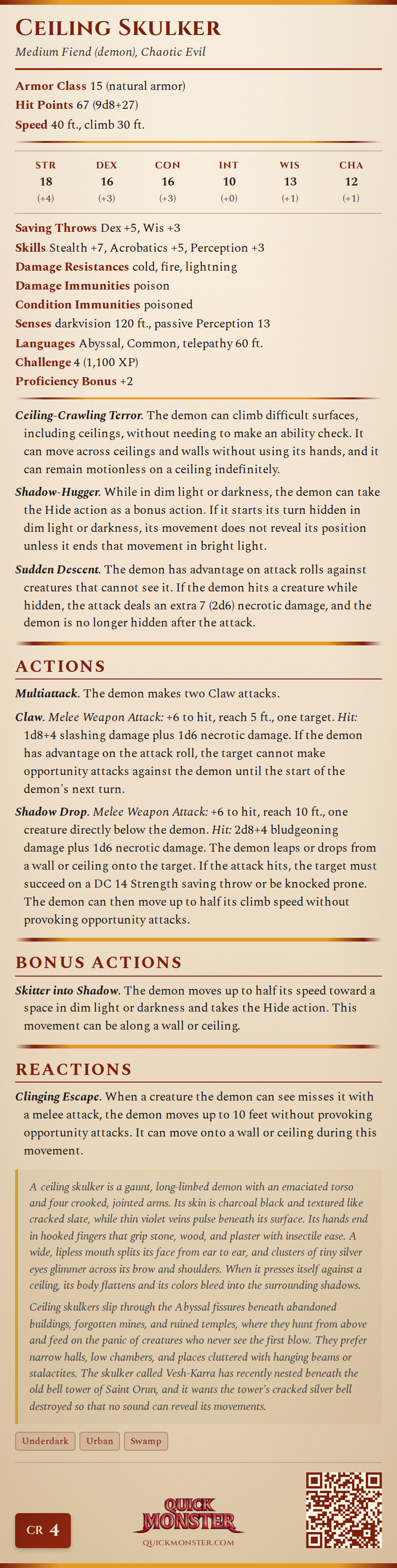 Ceiling Skulker Stat Block