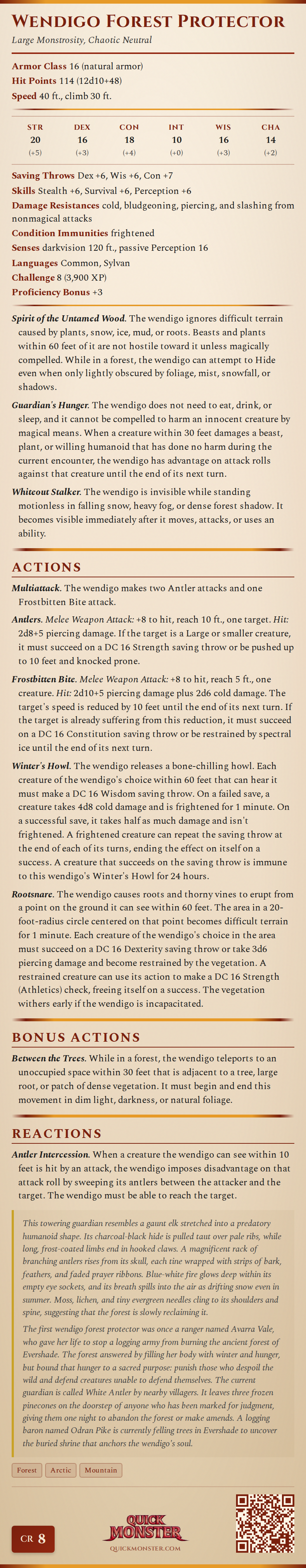 Wendigo Forest Protector Stat Block