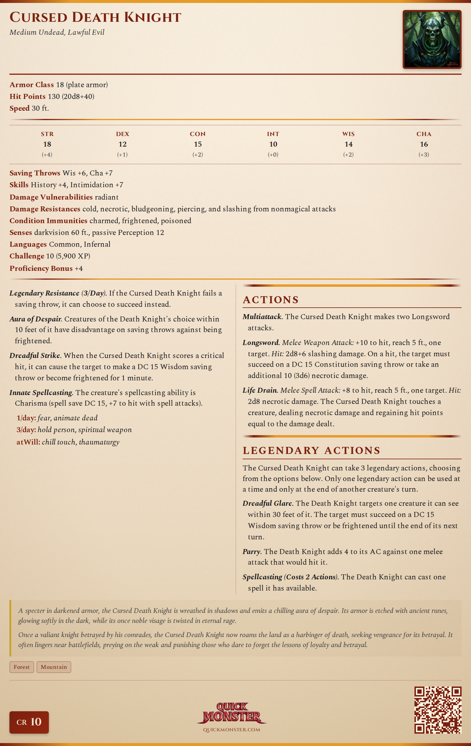 Cursed Death Knight Stat Block