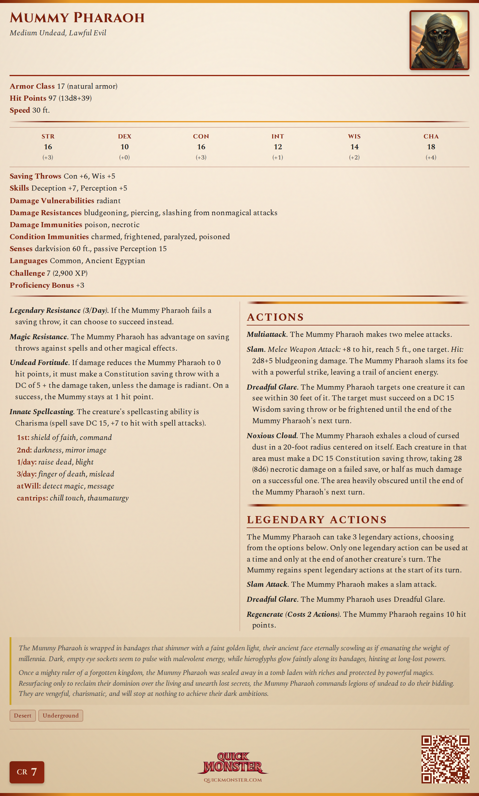 Mummy Pharaoh Stat Block