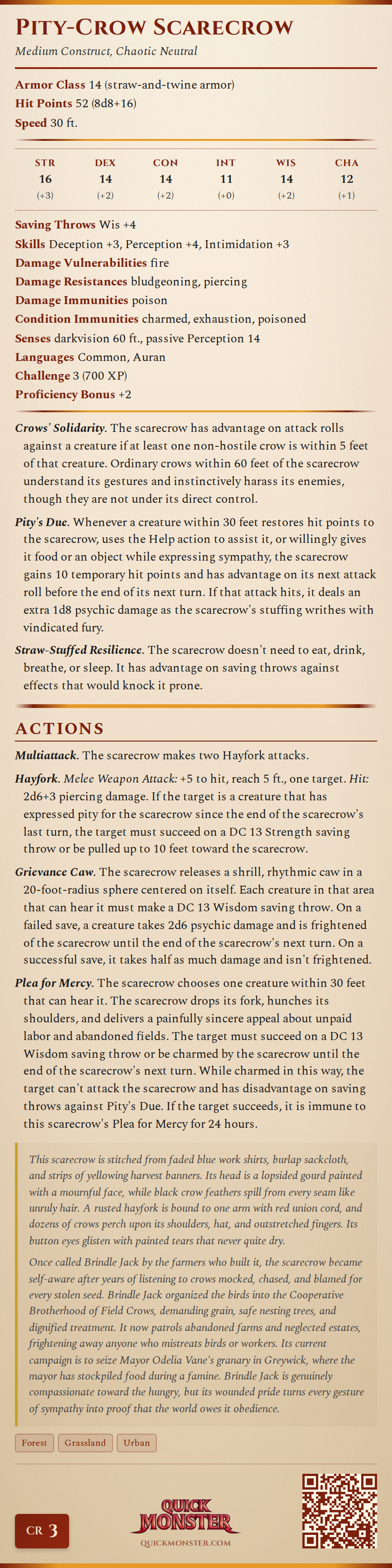 Pity-Crow Scarecrow Stat Block