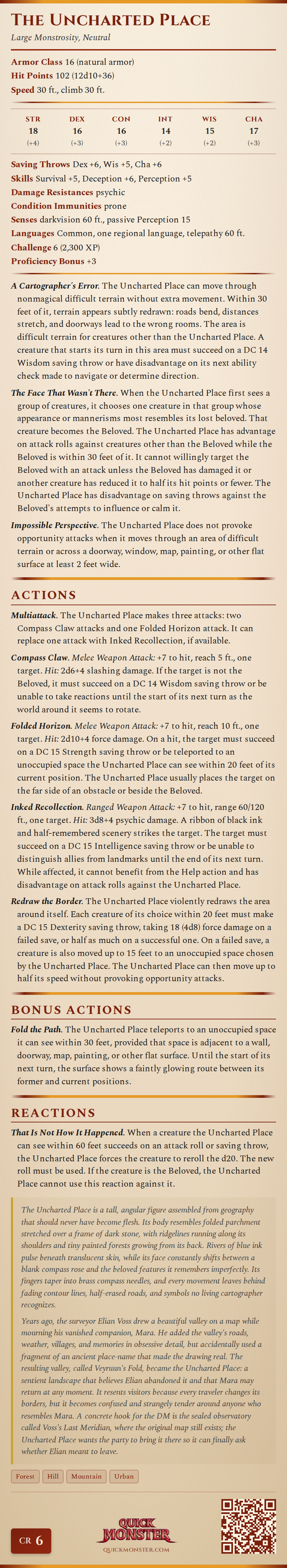 The Uncharted Place Stat Block