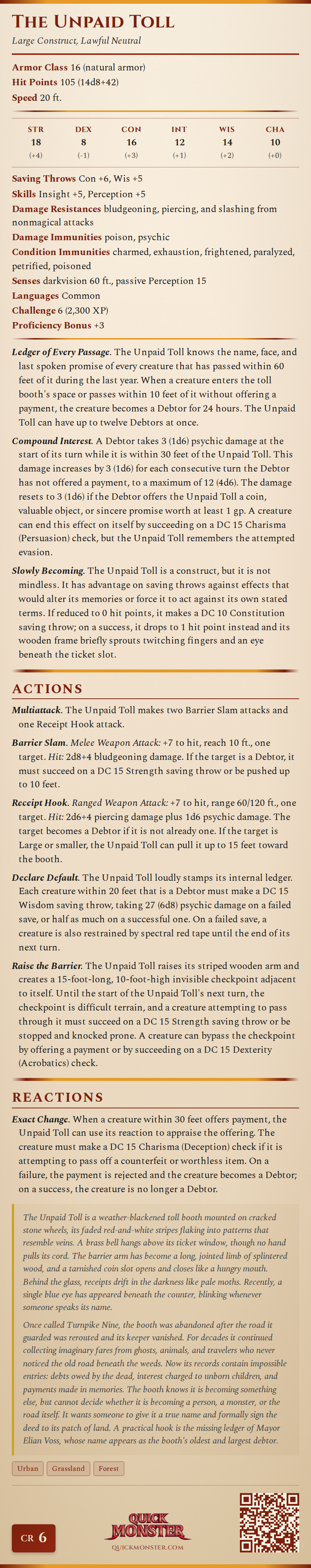 The Unpaid Toll Stat Block