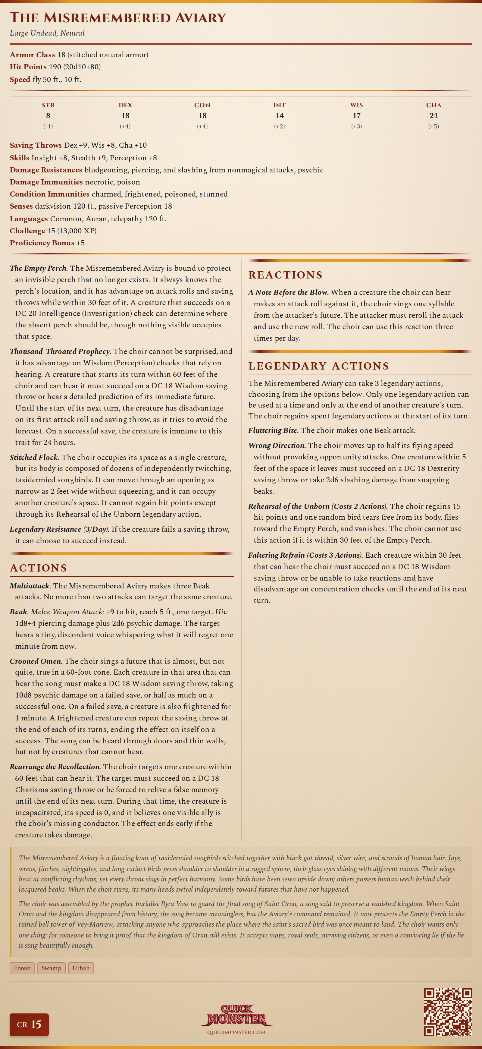 The Misremembered Aviary Stat Block