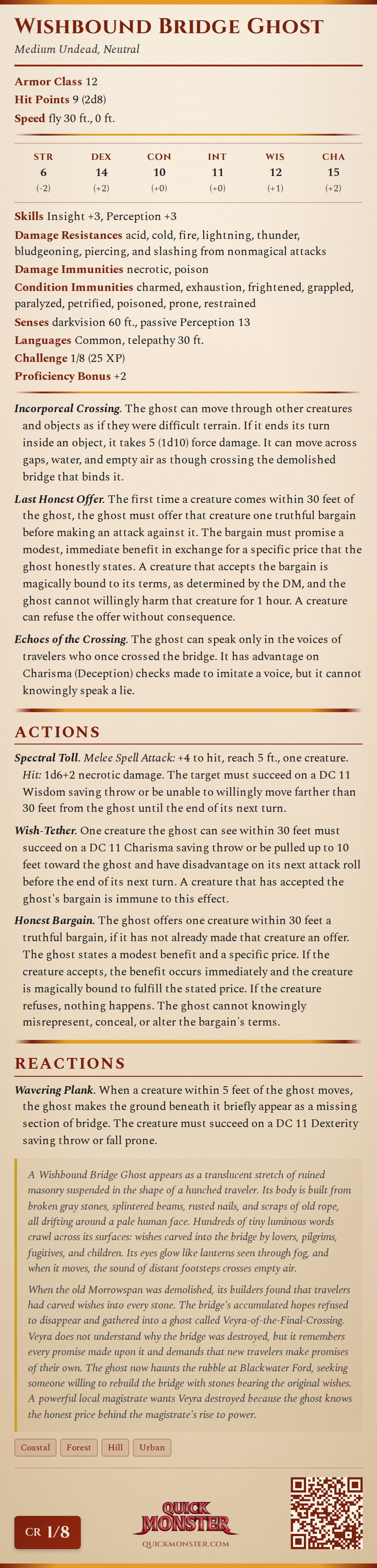 Wishbound Bridge Ghost Stat Block