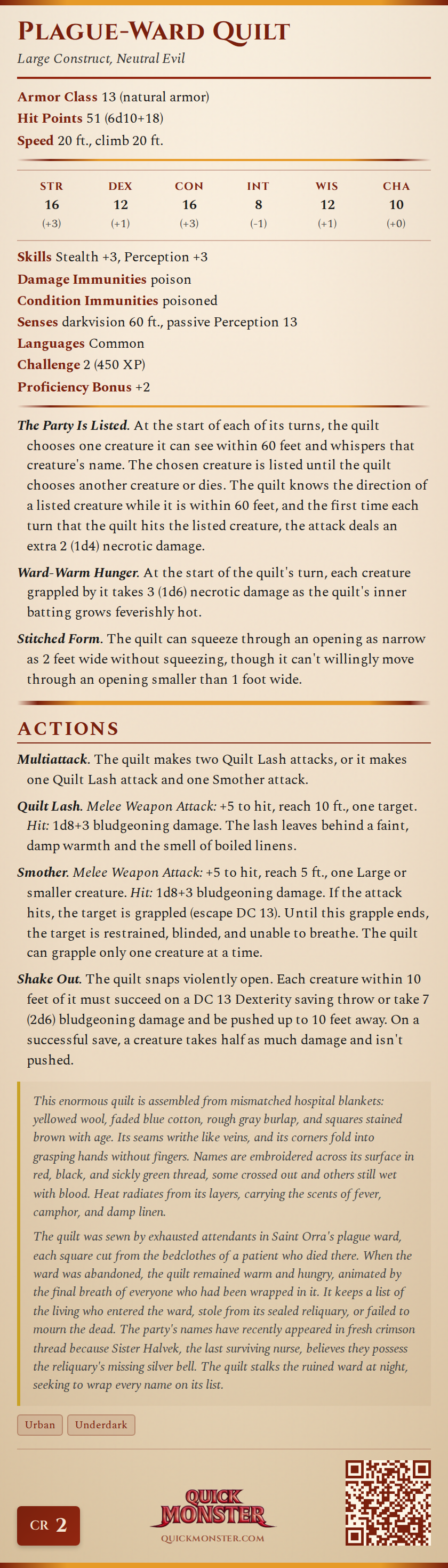 Plague-Ward Quilt Stat Block