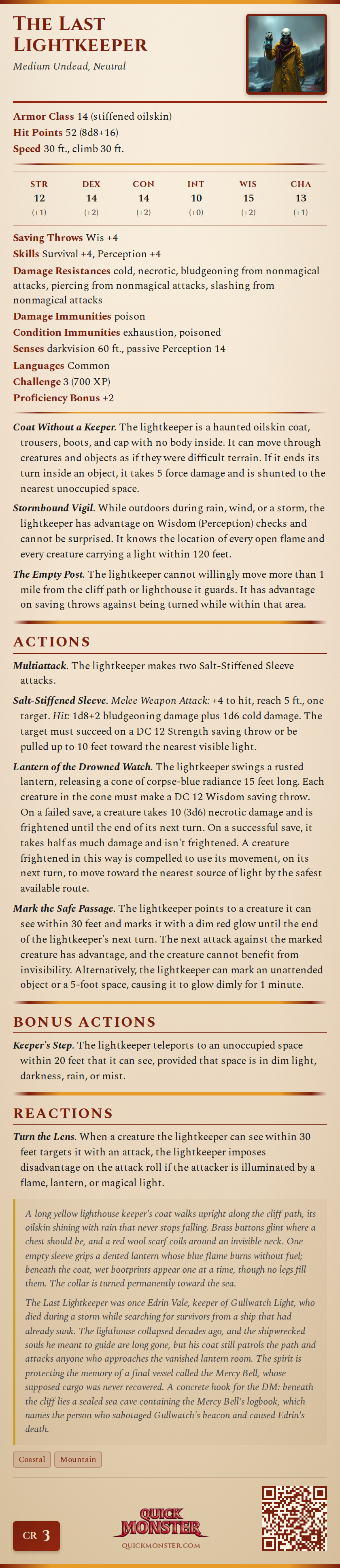 The Last Lightkeeper Stat Block