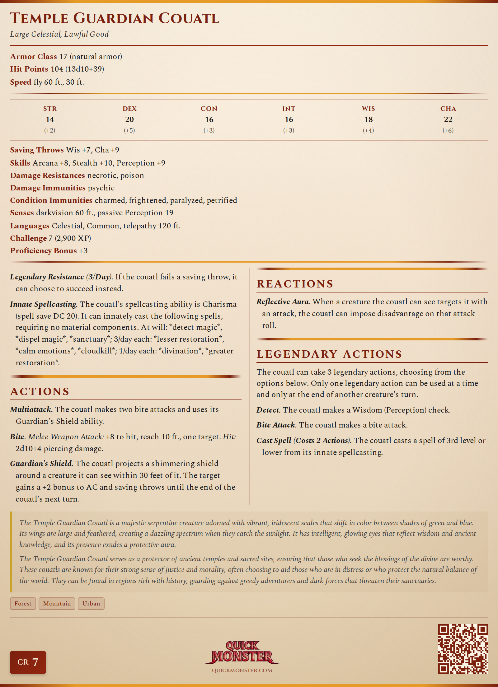 Temple Guardian Couatl Stat Block