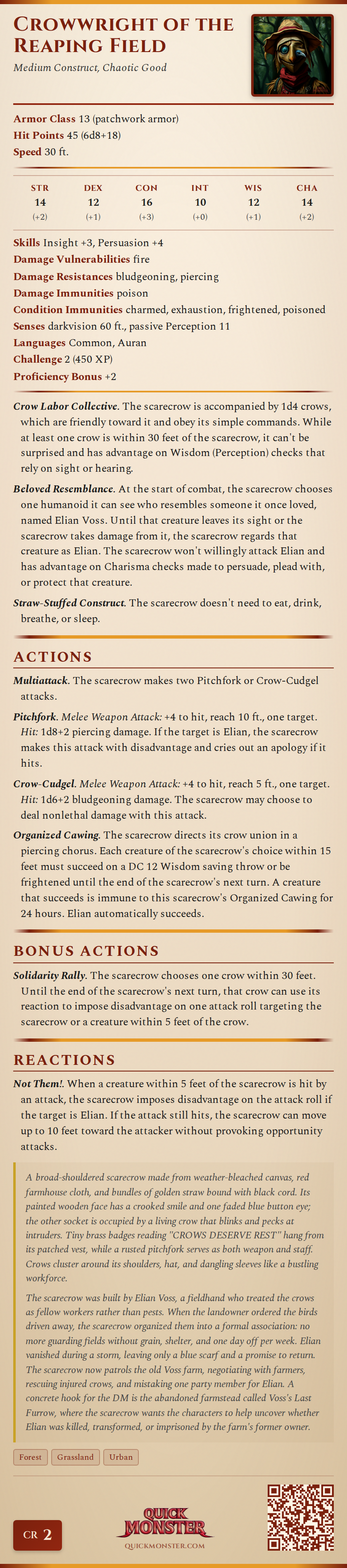 Crowwright of the Reaping Field Stat Block