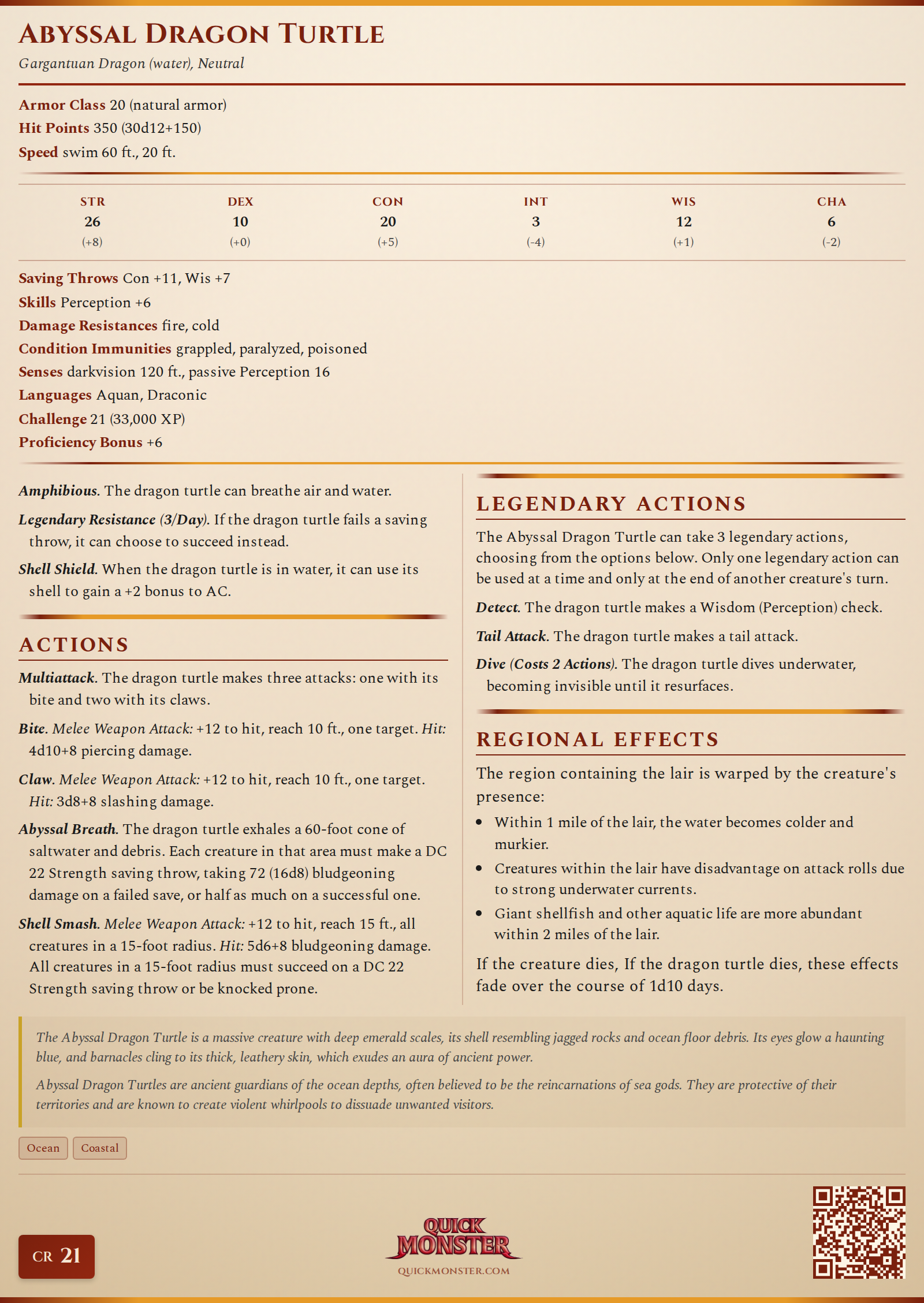 Abyssal Dragon Turtle Stat Block