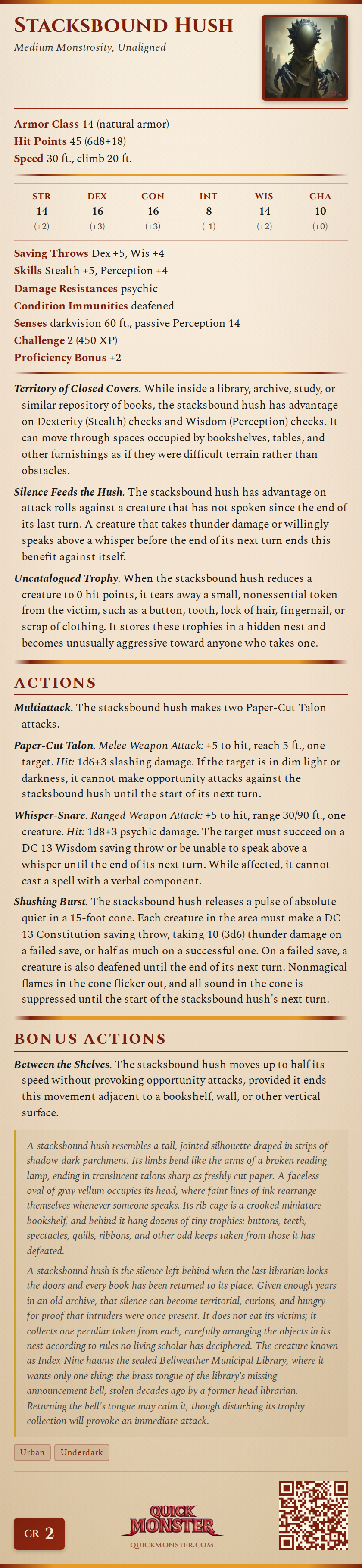 Stacksbound Hush Stat Block