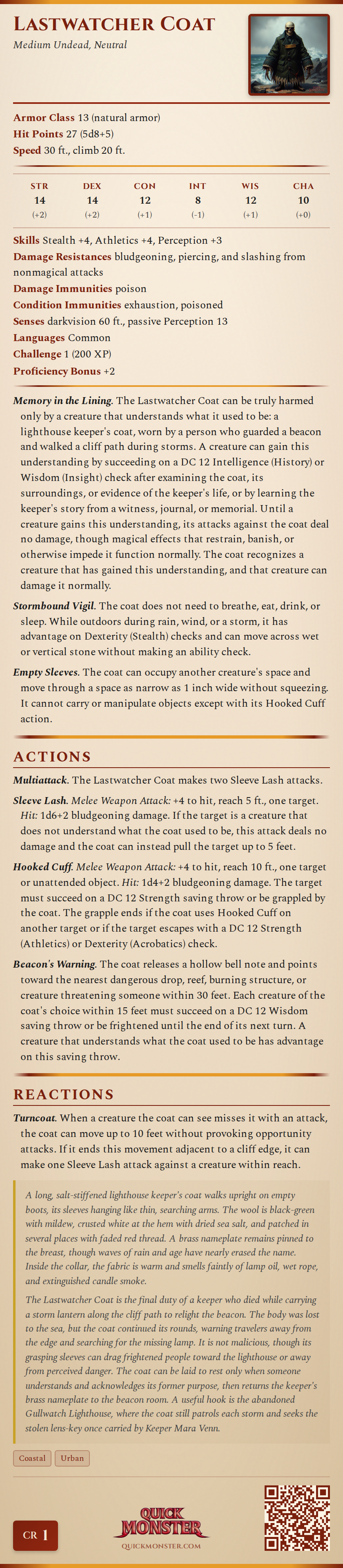 Lastwatcher Coat Stat Block