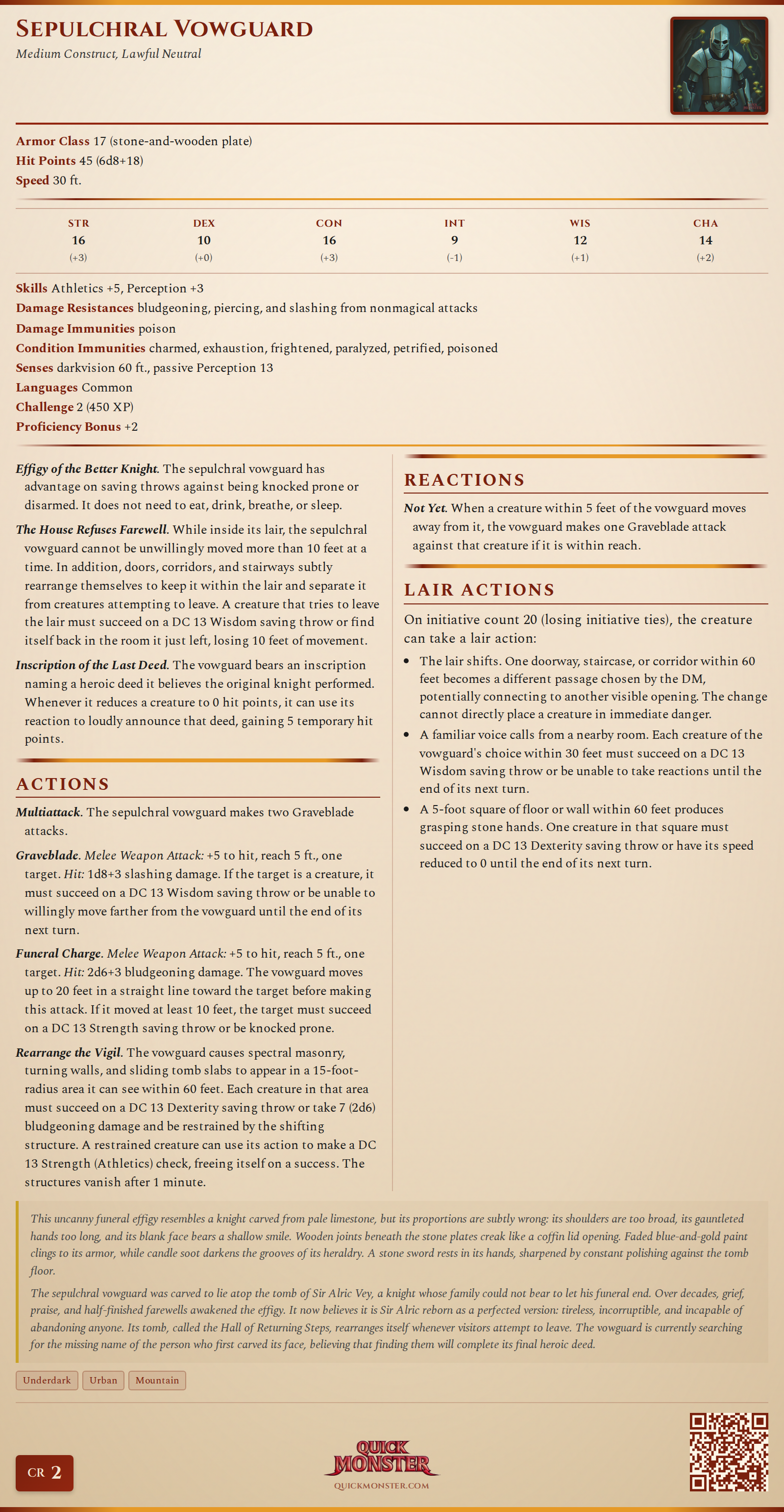 Sepulchral Vowguard Stat Block