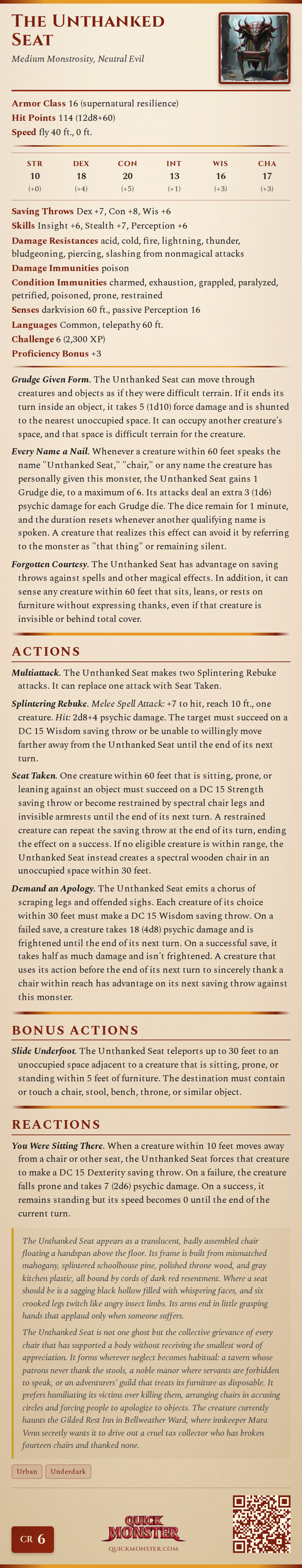 The Unthanked Seat Stat Block