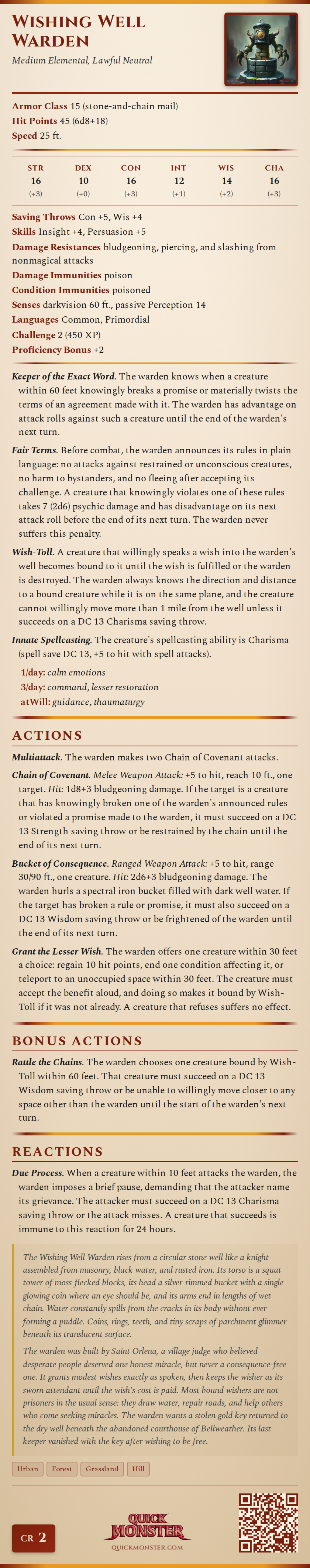 Wishing Well Warden Stat Block