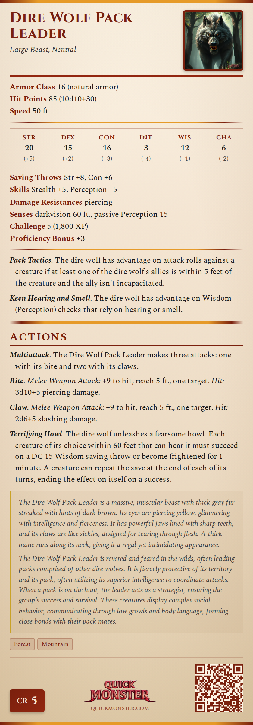 Dire Wolf Pack Leader Stat Block