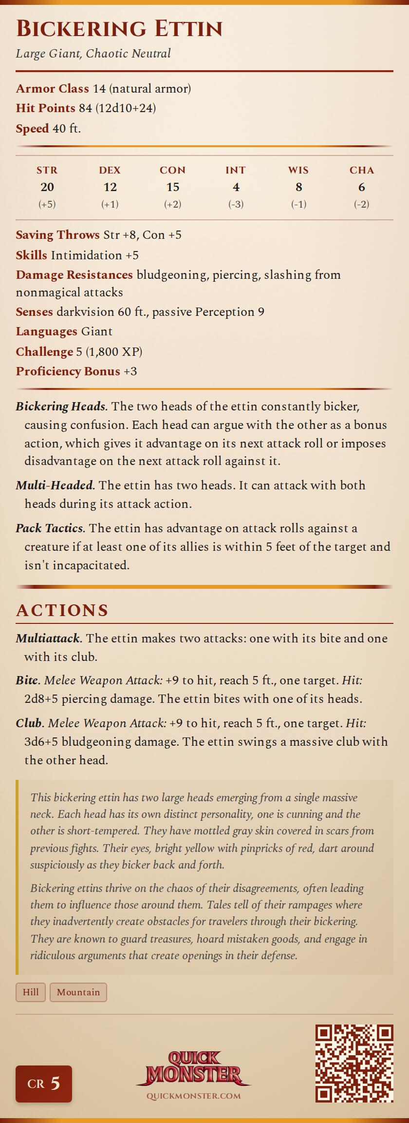 Bickering Ettin Stat Block