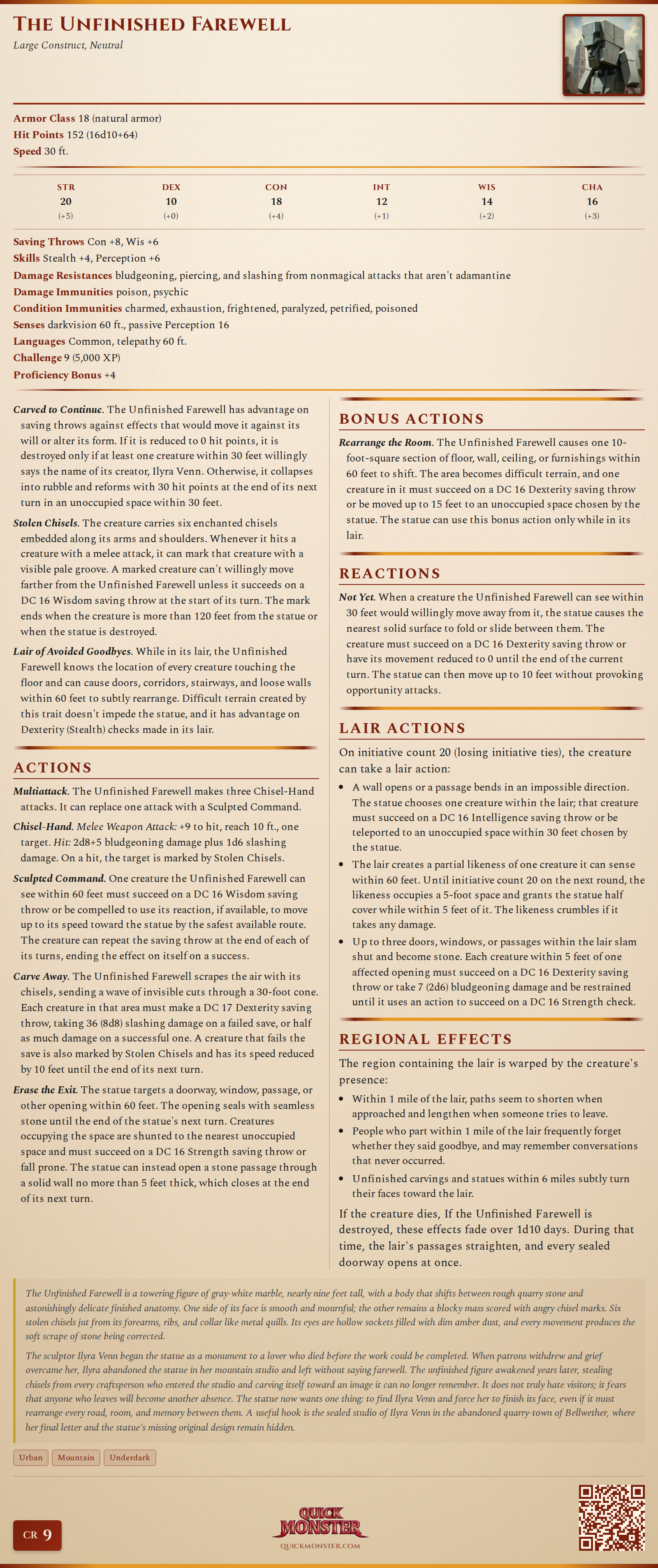 The Unfinished Farewell Stat Block