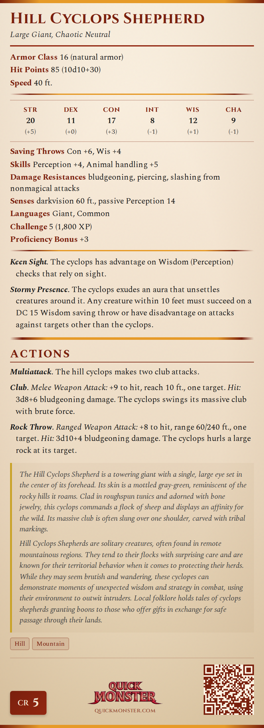 Hill Cyclops Shepherd Stat Block