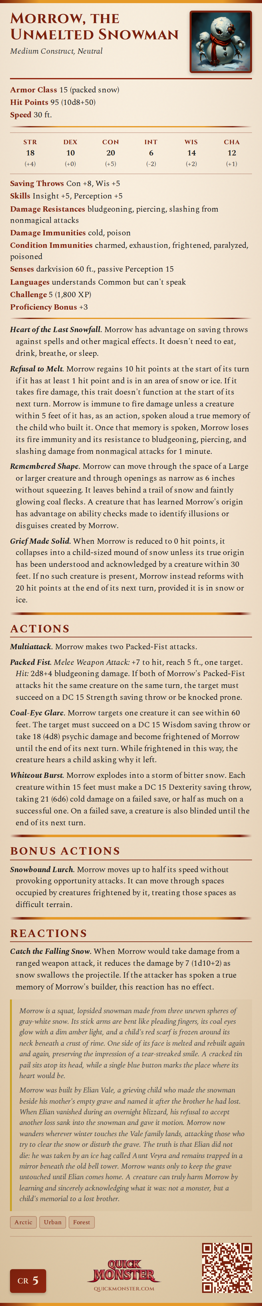 Morrow, the Unmelted Snowman Stat Block