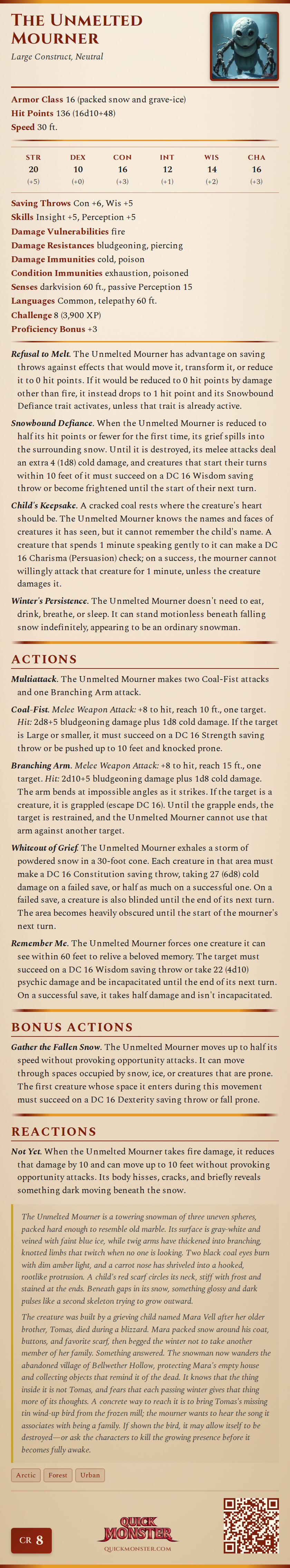 The Unmelted Mourner Stat Block