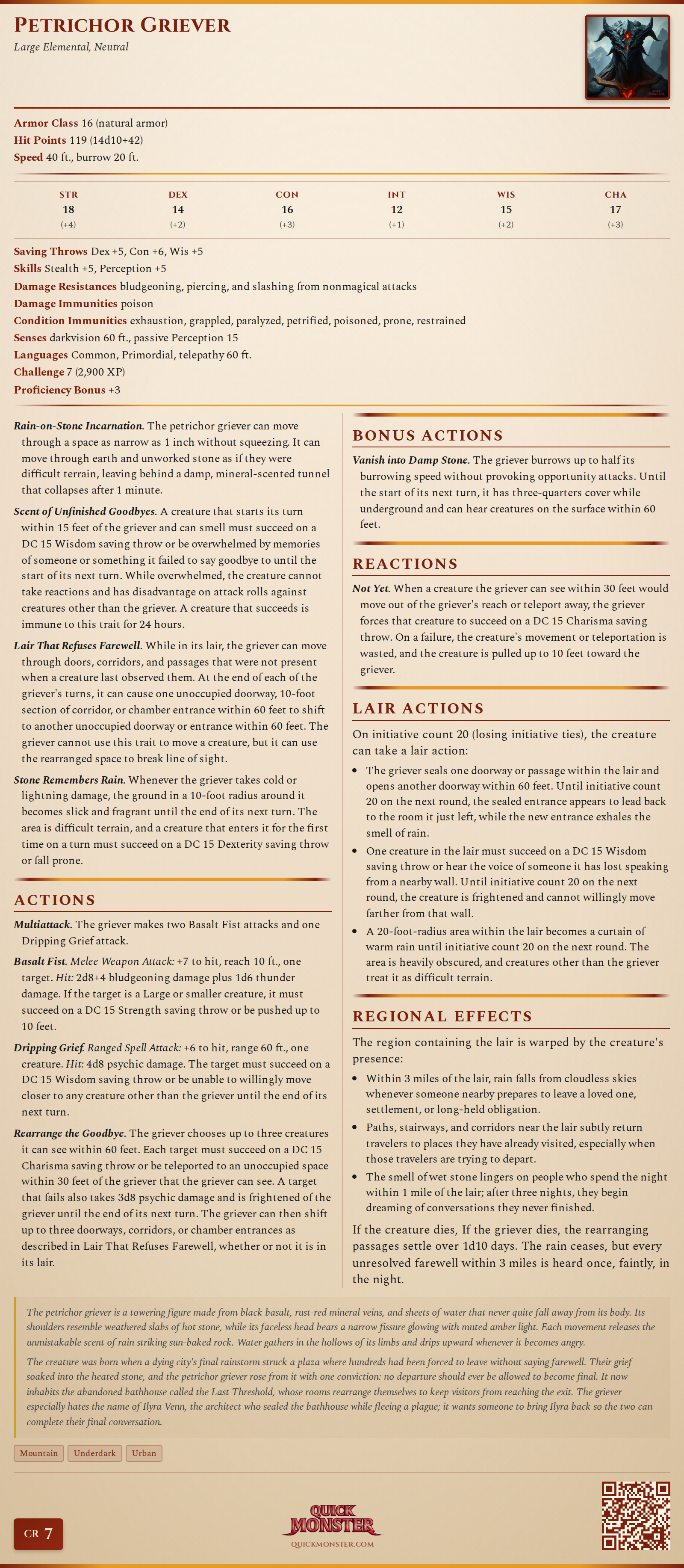 Petrichor Griever Stat Block