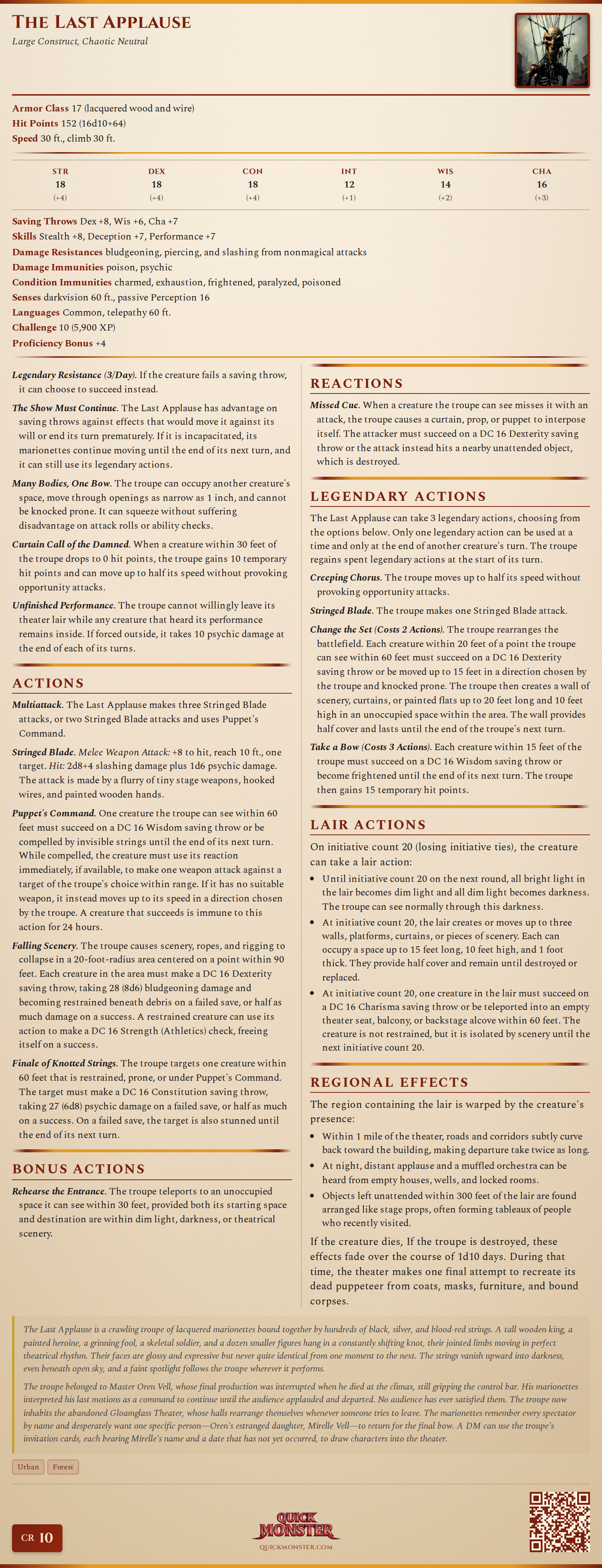 The Last Applause Stat Block