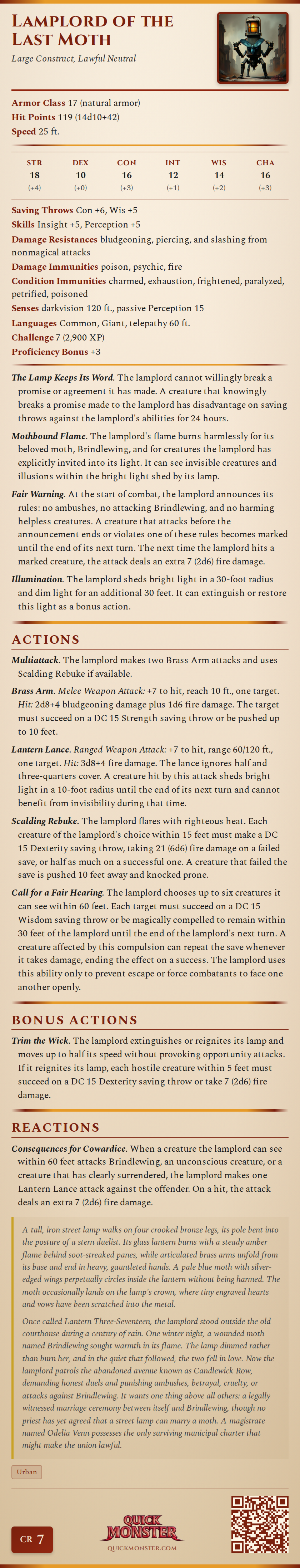 Lamplord of the Last Moth Stat Block