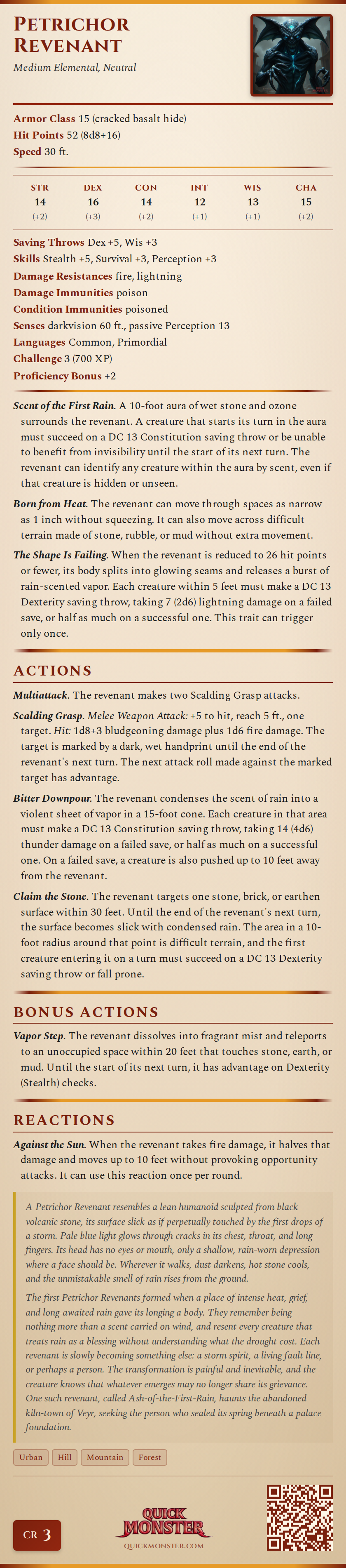 Petrichor Revenant Stat Block
