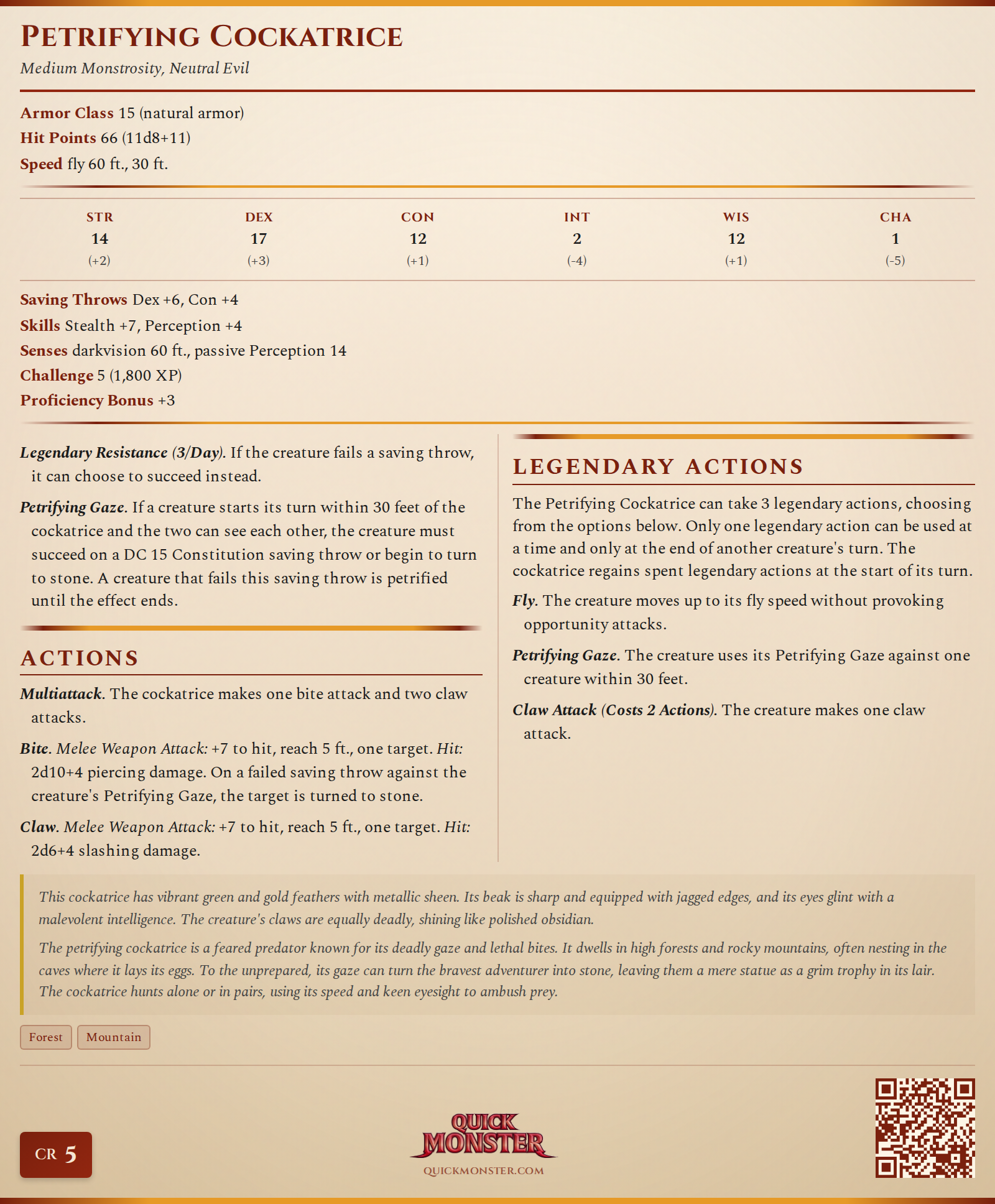 Petrifying Cockatrice Stat Block