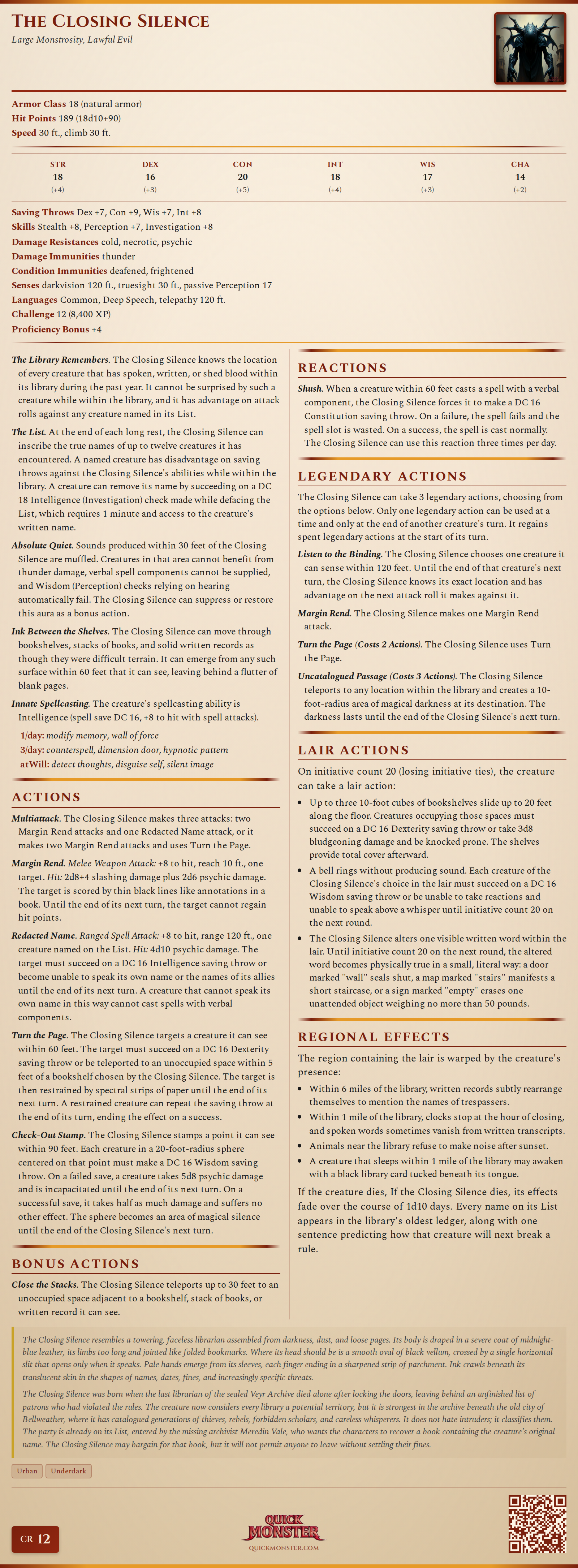 The Closing Silence Stat Block