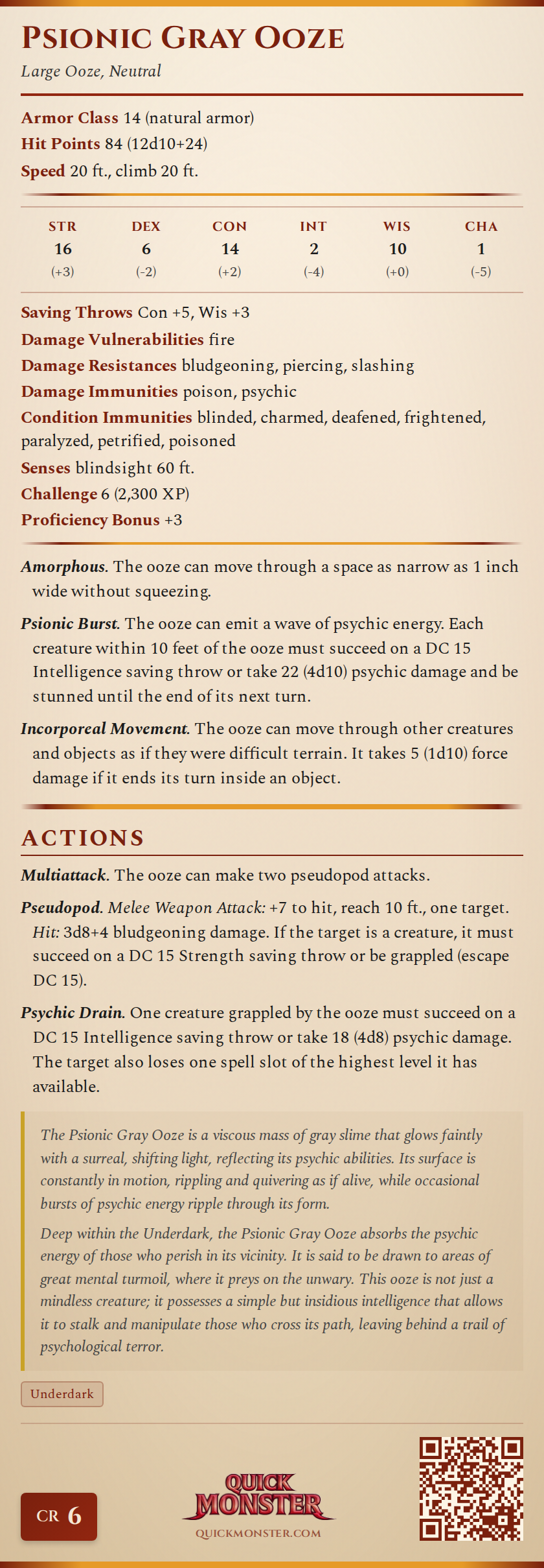 Psionic Gray Ooze Stat Block