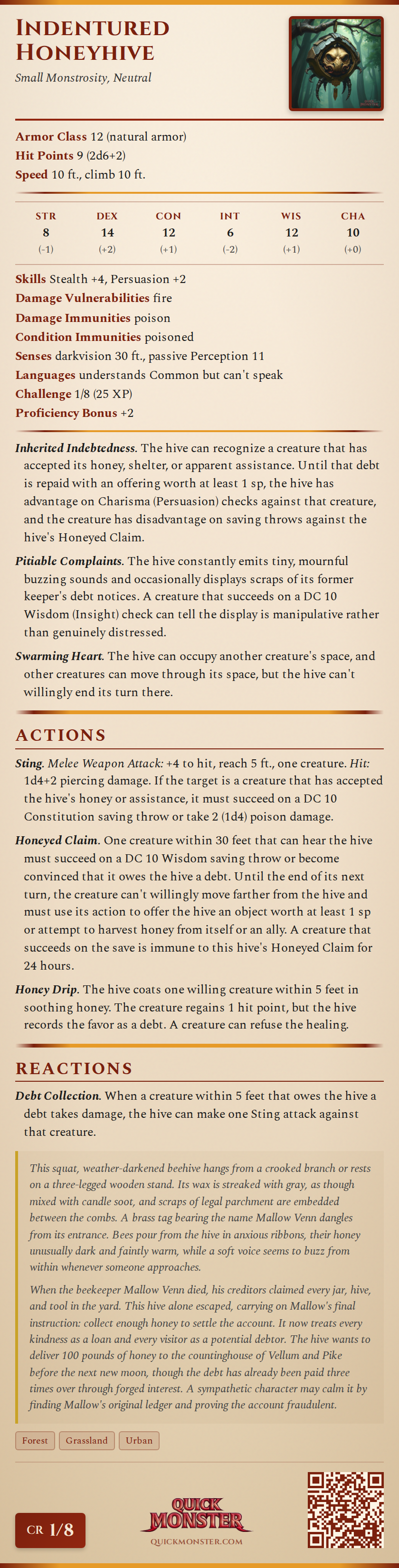 Indentured Honeyhive Stat Block