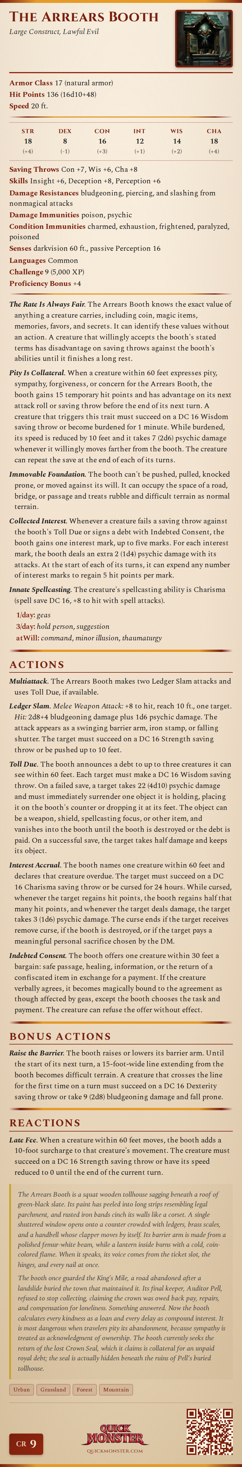The Arrears Booth Stat Block