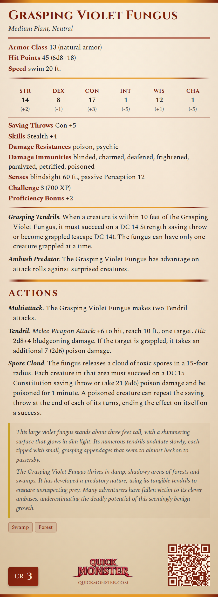 Grasping Violet Fungus Stat Block