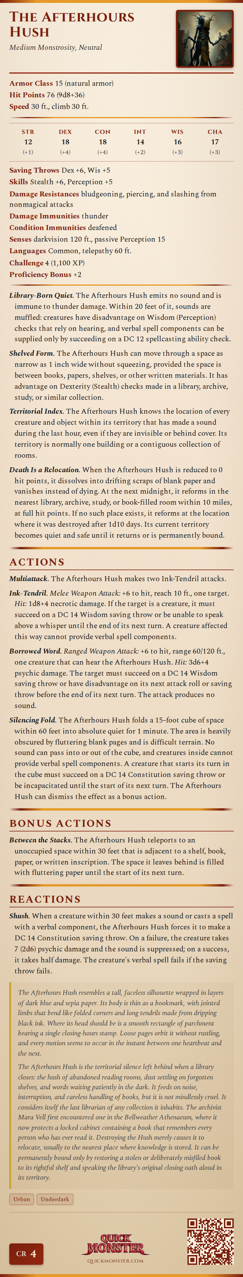 The Afterhours Hush Stat Block