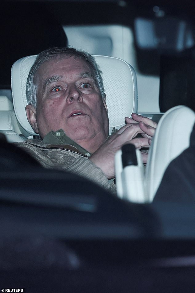 Arrested Andrew is pictured being released from custody: Former Prince is driven back to Sandringham from police station after becoming the first royal to be arrested in modern times