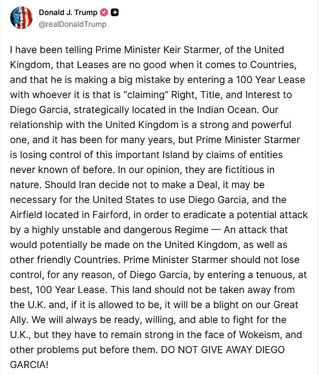 Trump blasts Starmer for making a 'big mistake' with Chagos deal and tells PM to 'remain strong in the face of wokeism'