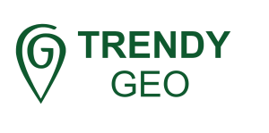 Zelené logo spoločnosti Trendy Geo s ikonou polohy a názvom značky.