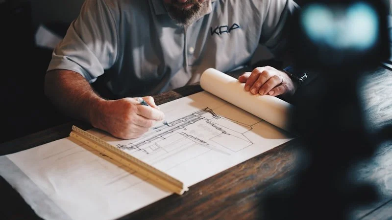 Architekt v sivom tričku prezerá a upravuje stavebné plány na stole.