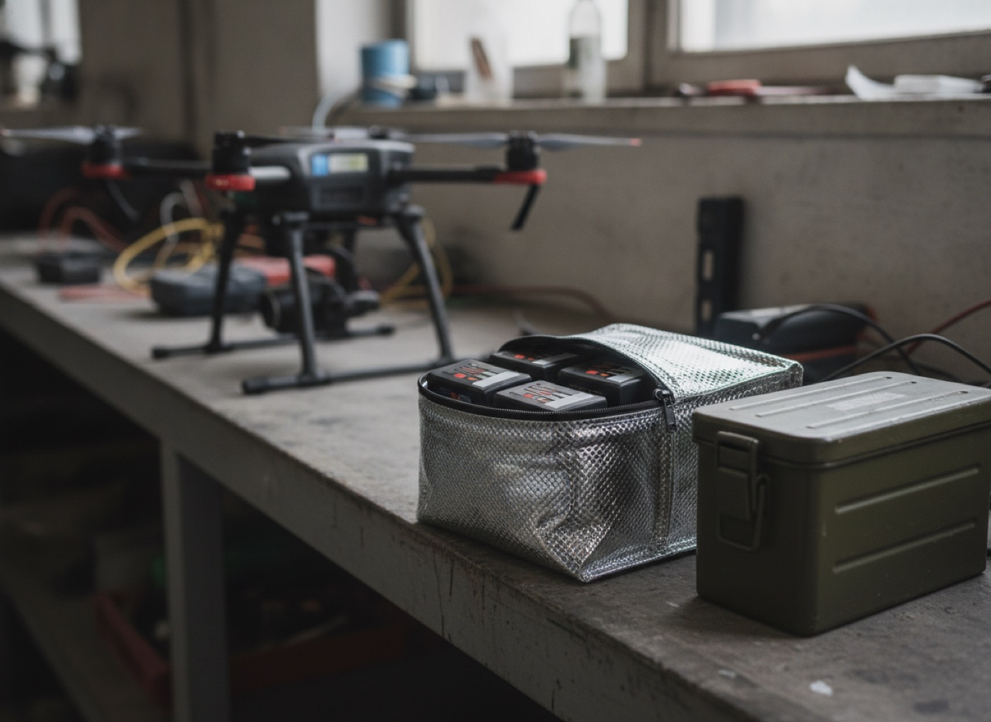 Několik lithium-polymerových baterií pro drony uložených v otevřeném ohnivzdorném stříbrném vaku a v malé kovové bedně na kovové polici, v pozadí profesionální dron