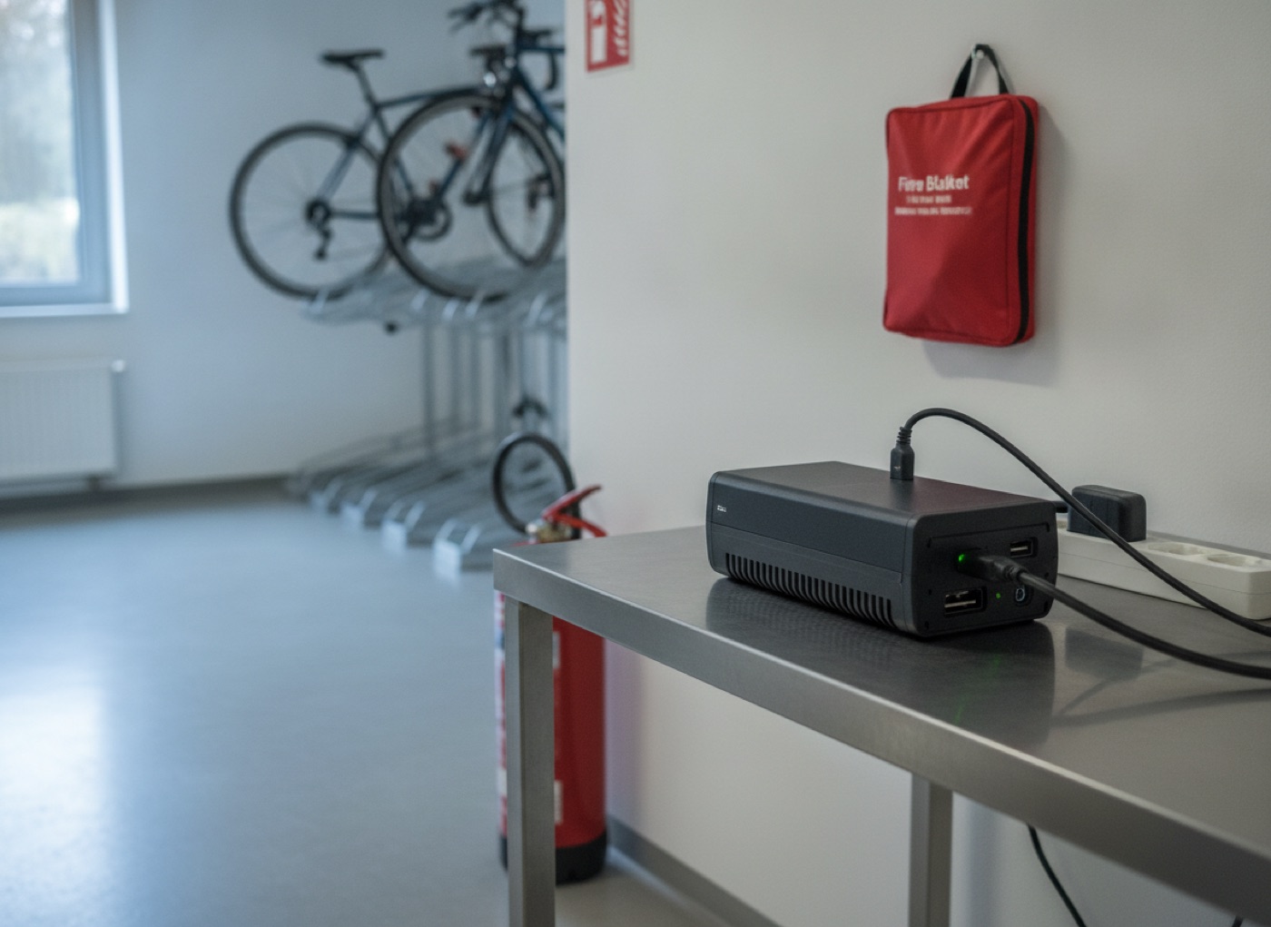 Černá baterie elektrokola se nabíjí na ocelovém stole v firemní kolárně, na stěně hasicí deka v pouzdře a hasicí přístroj