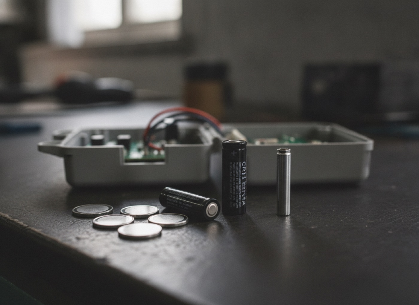 Knoflíkové lithiové články, černý článek CR123A a válcový lithium-thionylchloridový článek vedle otevřené skříňky elektronického měřidla